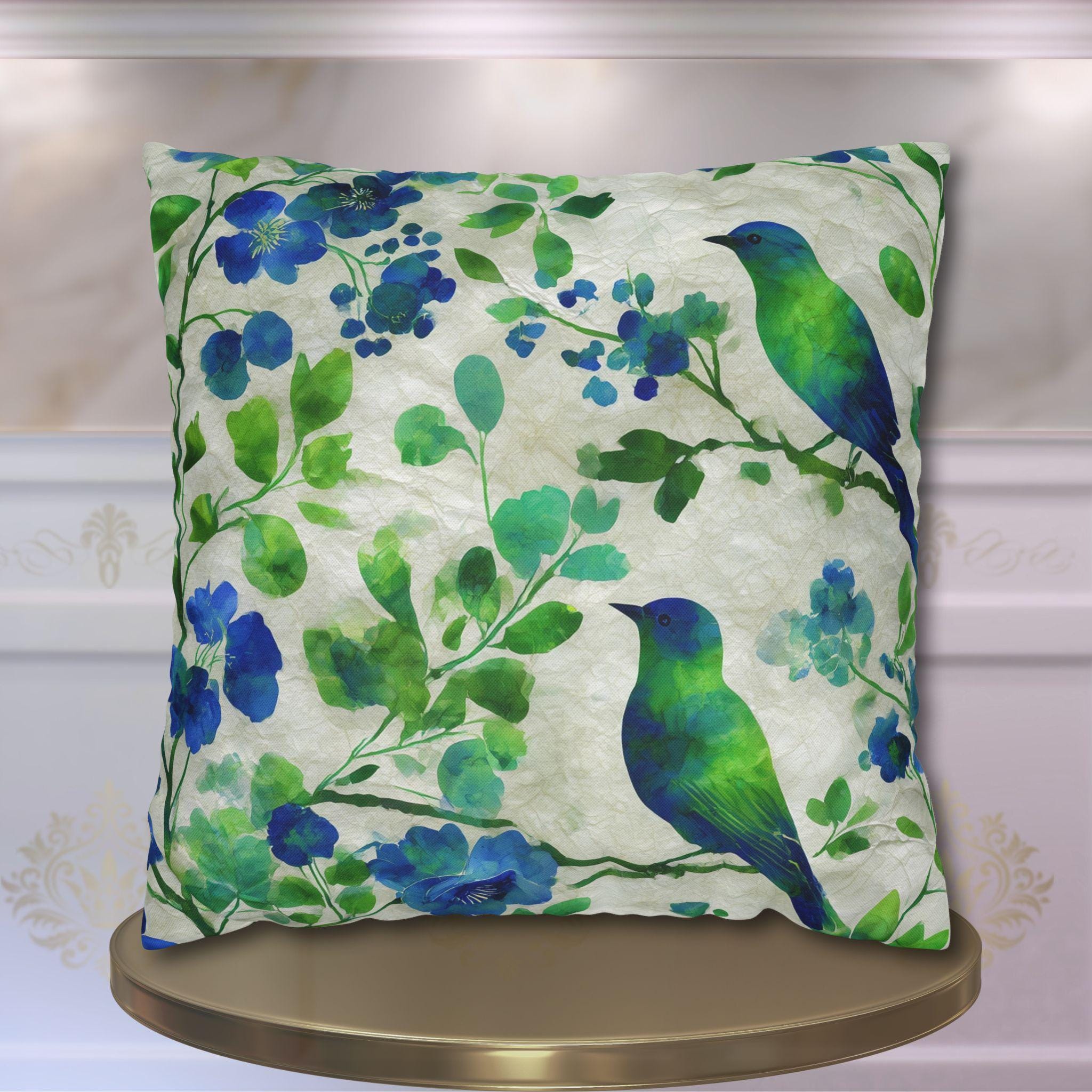 Chinoiserie Bird Pillow Cover: Blue-Green Watercolor Botanical Cushion for Elegant Cottagecore Decor