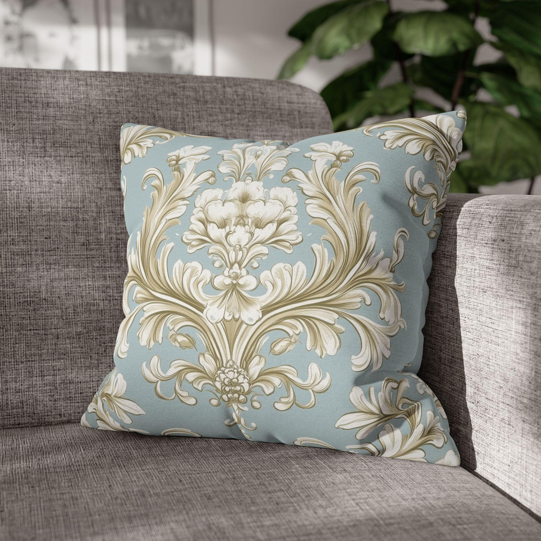 Elegant Baroque Floral Pillowcase: Champagne & Gold on Powder Blue - Luxurious Home Decor Gift