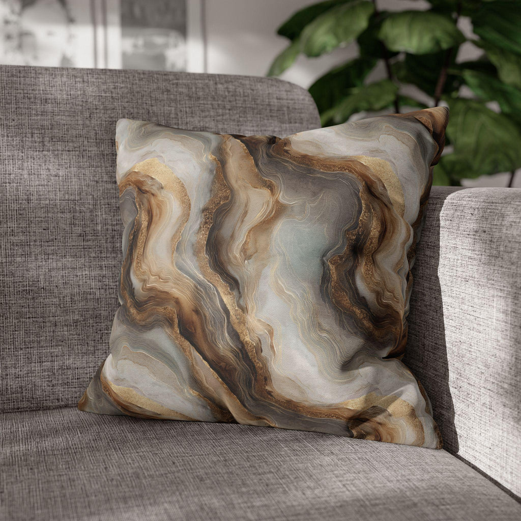 Modern Abstract Pillow Cover: Brown Marble Look with Gold Color Accents