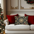 a cozy living room decorated for Christmas, with a white sofa adorned with red and gold throw pillows, a Christmas tree, and a wreath on the wall.