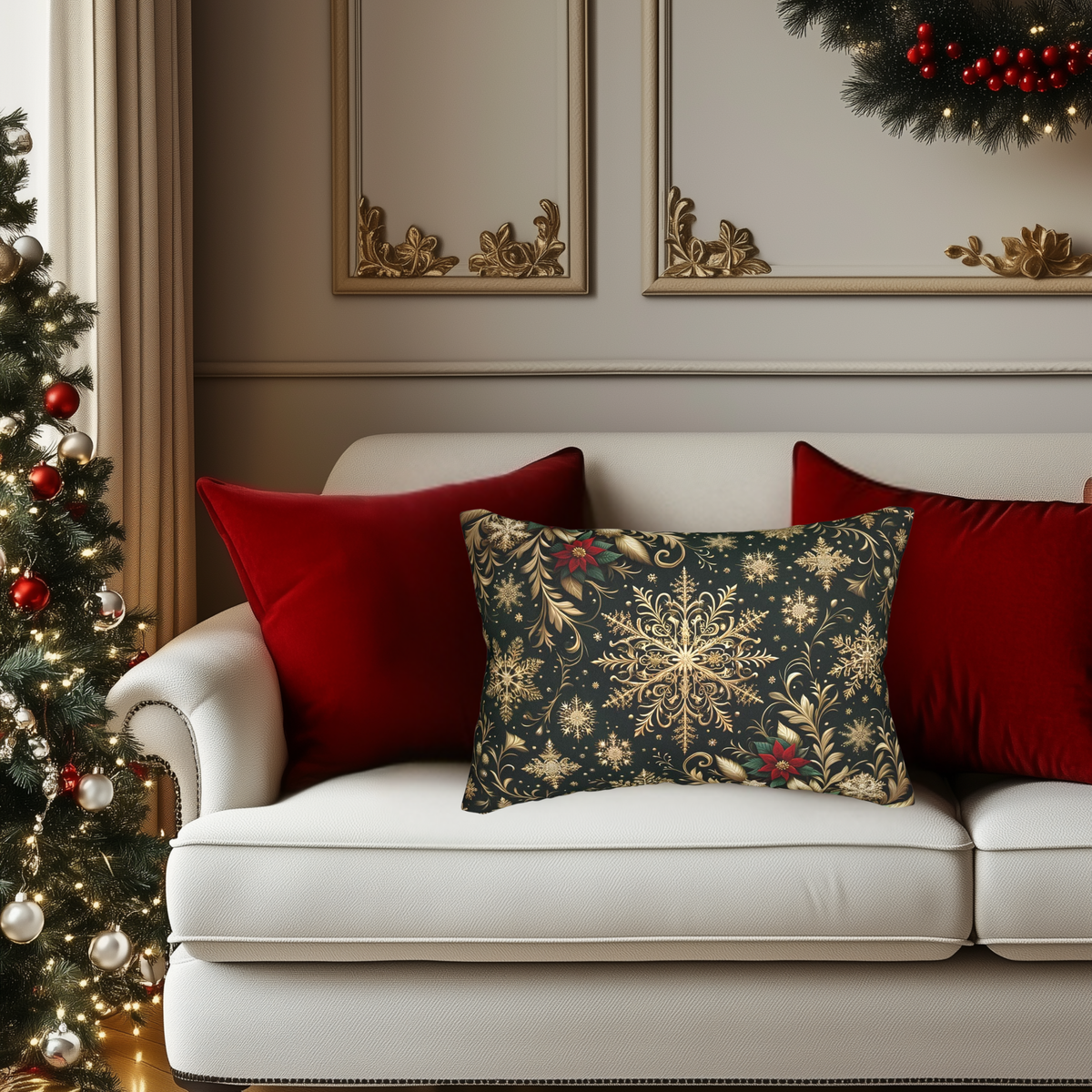 a cozy living room decorated for Christmas, with a white sofa adorned with red and gold throw pillows, a Christmas tree, and a wreath on the wall.