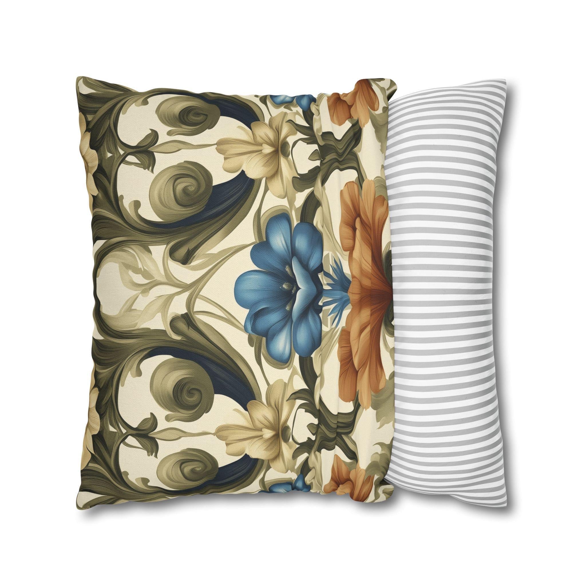 William Morris Floral Pillow Cover: Blue, Orange Blooms, Elegant Home Decor