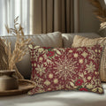 Christmas Snowflake Lumbar Pillow: Crimson Red Antique Gold with Deep Green Accents