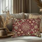 Christmas Snowflake Lumbar Pillow: Crimson Red Antique Gold with Deep Green Accents