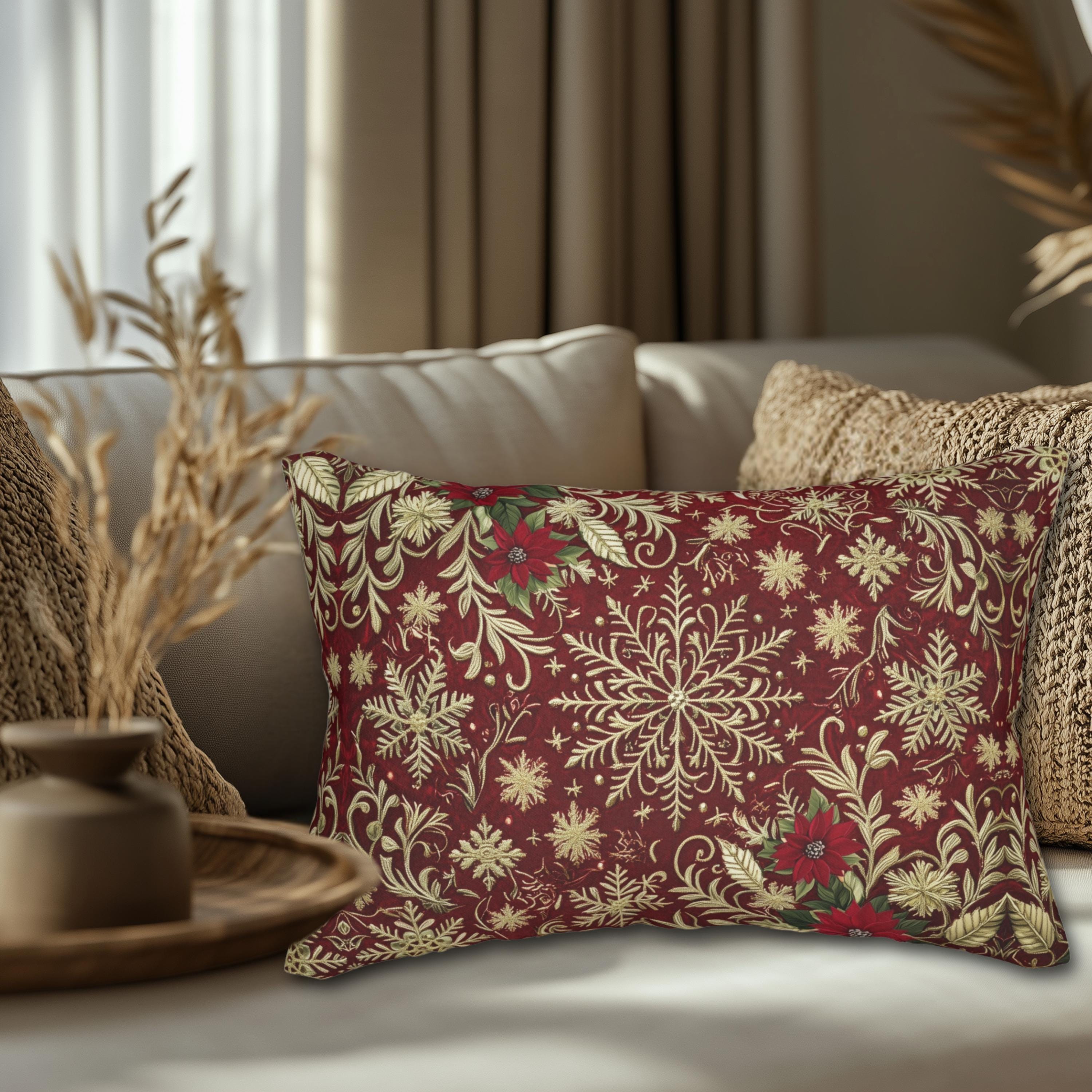 Christmas Snowflake Lumbar Pillow: Crimson Red Antique Gold with Deep Green Accents