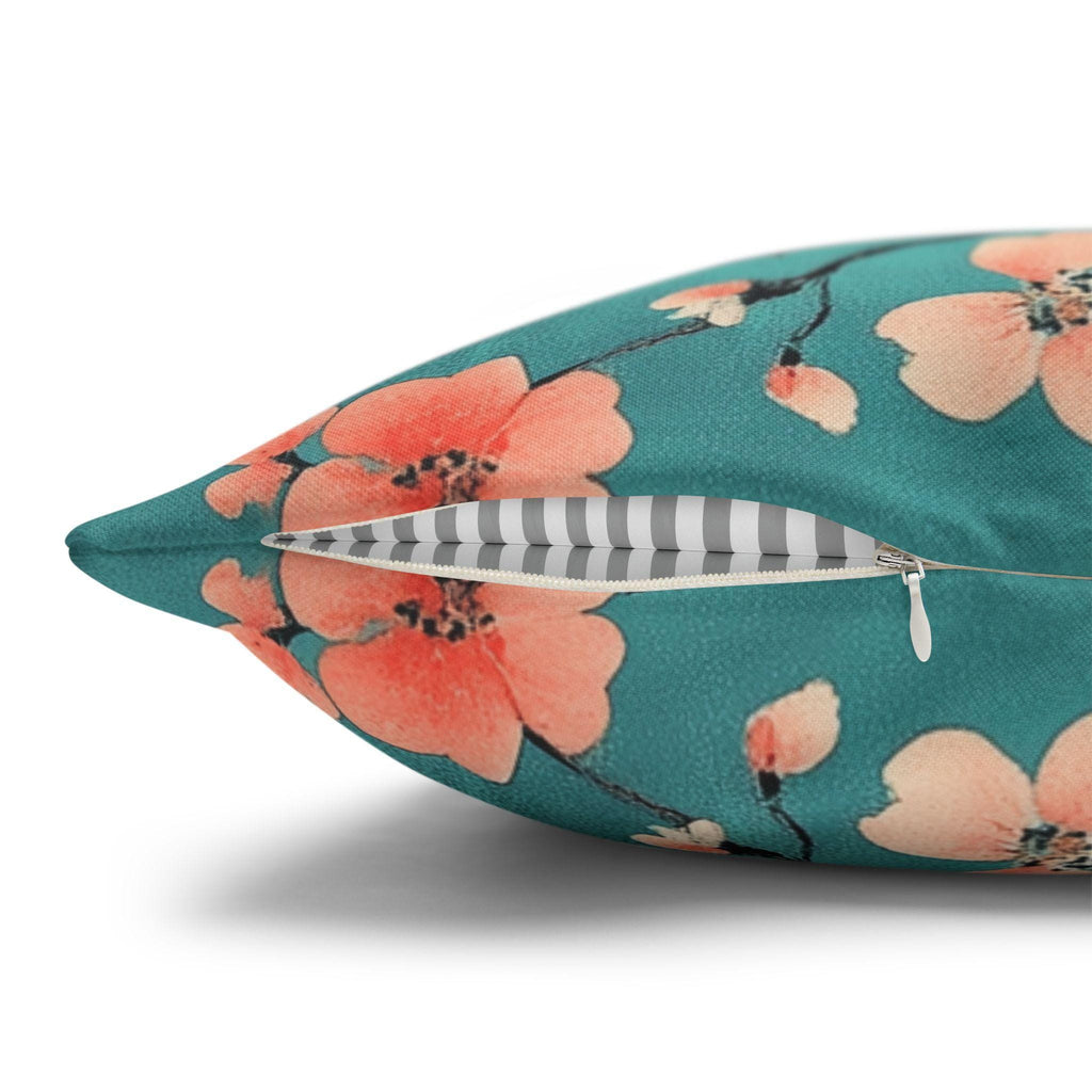 Elegant Chinoiserie Teal Bird Pillow Cover with Coral Blossoms for Nature-Inspired Home Decor