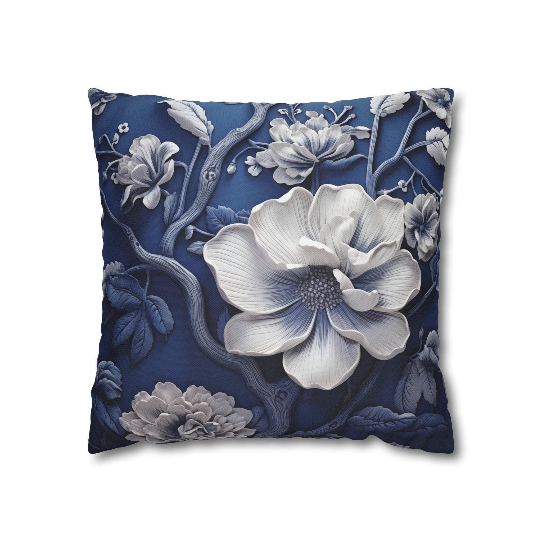 Porcelain-Style Blue Pillow Cover | Large White Blossoms Design | Chinoiserie Elegance for Home Decor