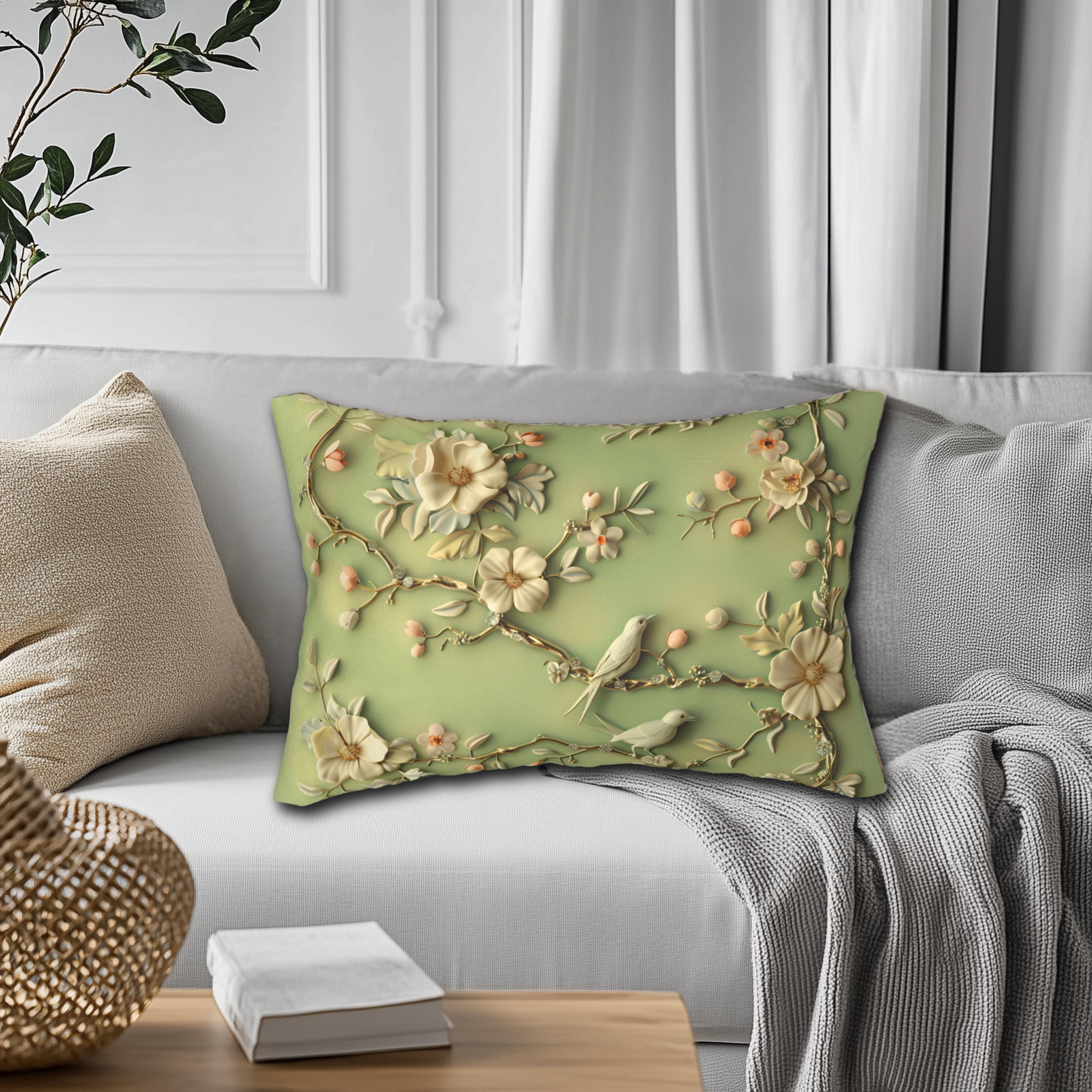 Lumbar Pillow: Chinoiserie Birds and Flowers - Pastel Sage Green