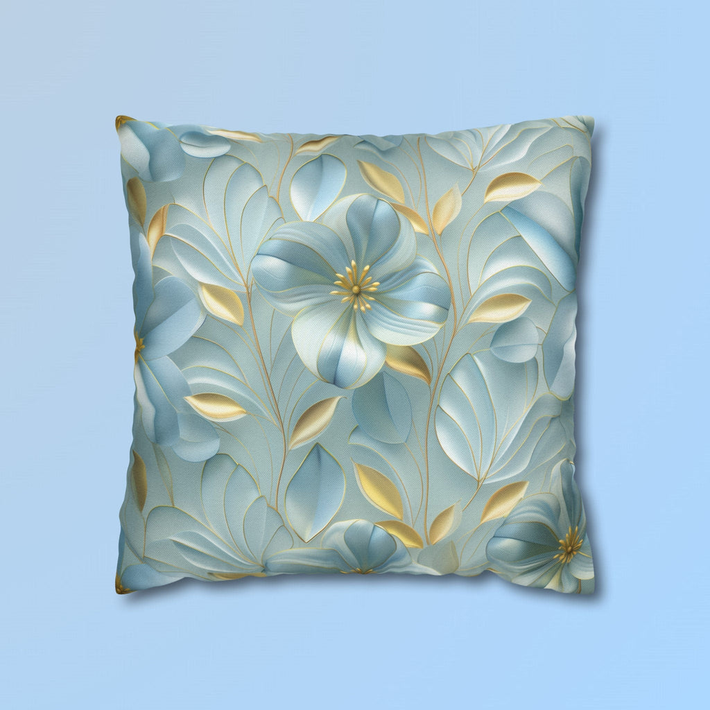 Blue Magnolia Throw Pillow Cover: Gold Leaf Floral Cushion
