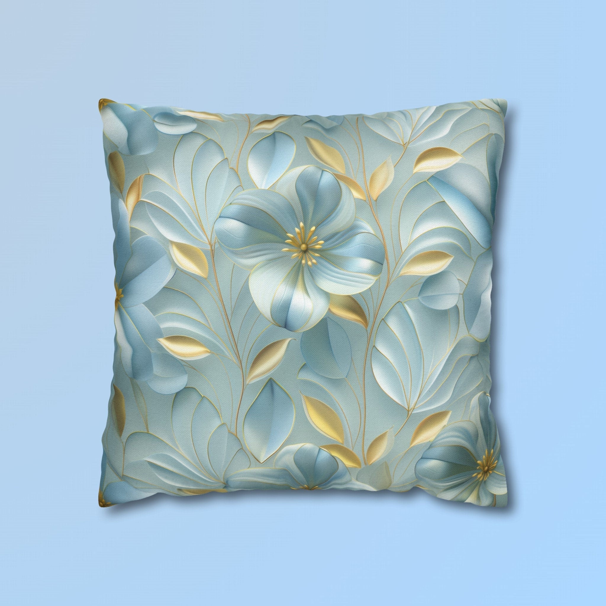 Blue Magnolia Throw Pillow Cover: Gold Leaf Floral Cushion