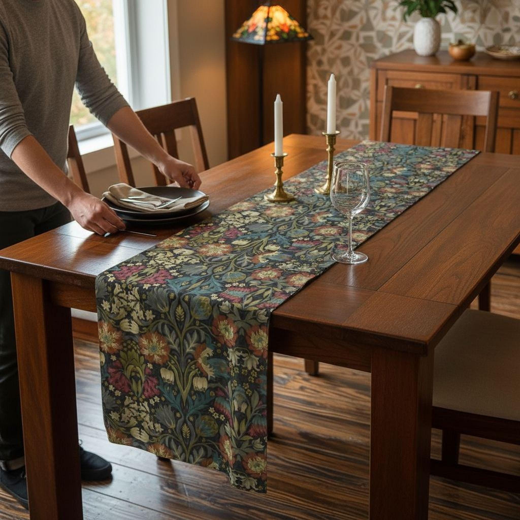 William Morris Inspired Table Runner: Midnight Navy Botanical Design