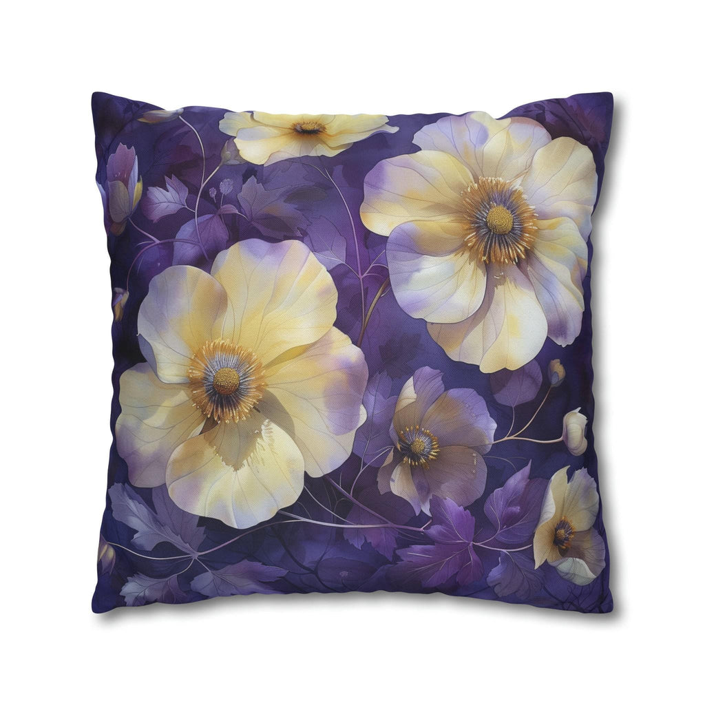 Floral Pillow Cover, Cream Yellow Pansies, Purple Botanical Print