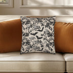 Chinoiserie Five Bats Woven Throw Pillow: Black and Cream Halloween Floral