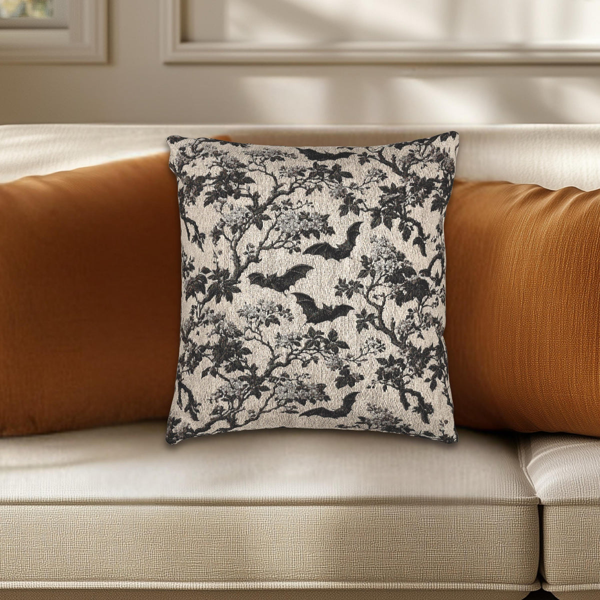 Chinoiserie Five Bats Woven Throw Pillow: Black and Cream Halloween Floral
