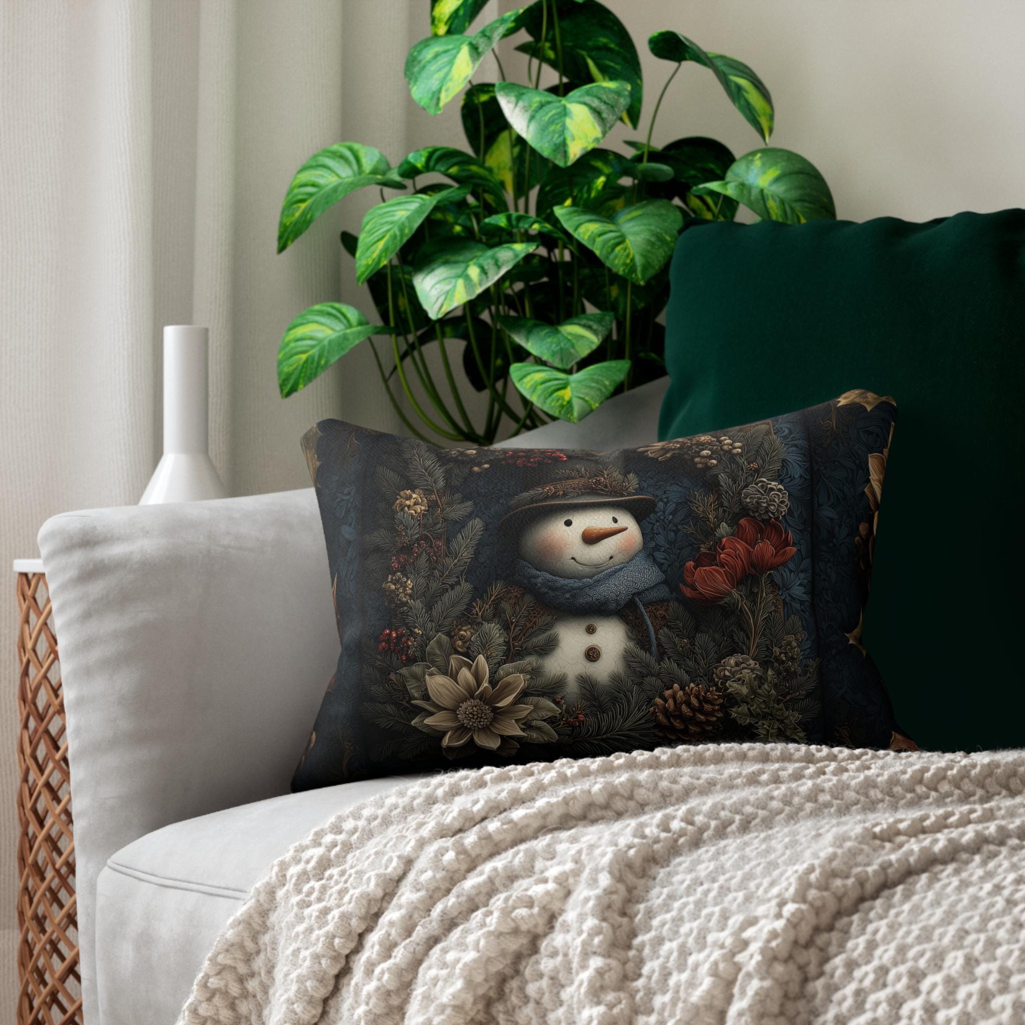 Winter Woodland Snowman Lumbar Pillow: William Morris Style with Pine, Florals & Vintage Charm