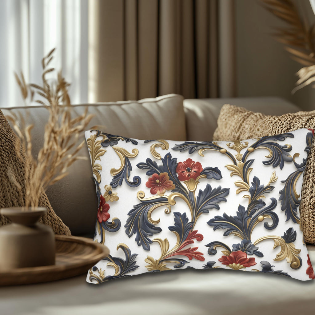 Baroque Inspired Lumbar Pillow | Luxurious Navy Blue, Gold, and Red Floral Design | White Background
