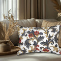 Baroque Inspired Lumbar Pillow | Luxurious Navy Blue, Gold, and Red Floral Design | White Background