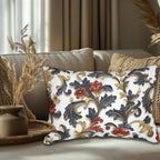 Baroque Inspired Lumbar Pillow | Luxurious Navy Blue, Gold, and Red Floral Design | White Background