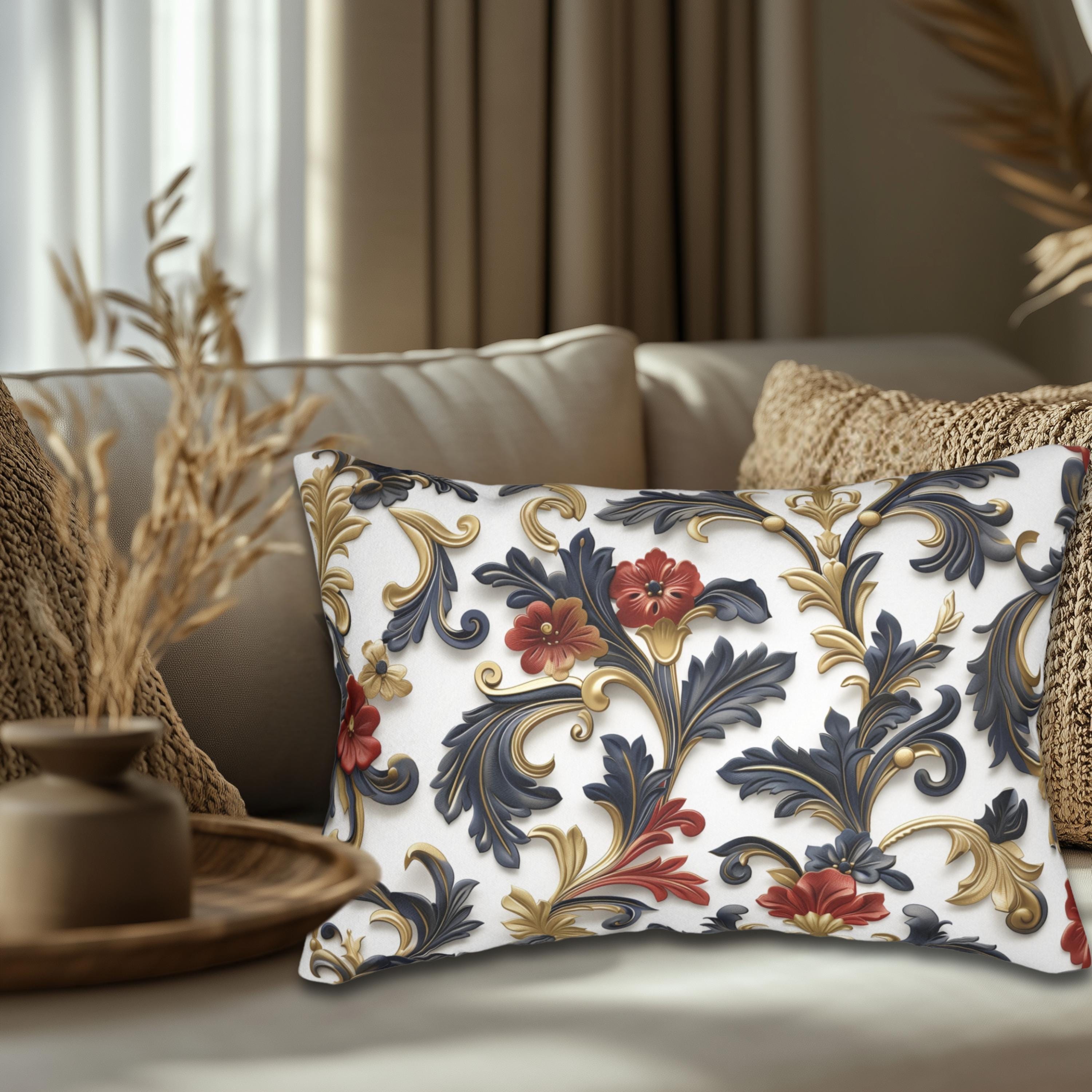 Baroque Inspired Lumbar Pillow | Luxurious Navy Blue, Gold, and Red Floral Design | White Background