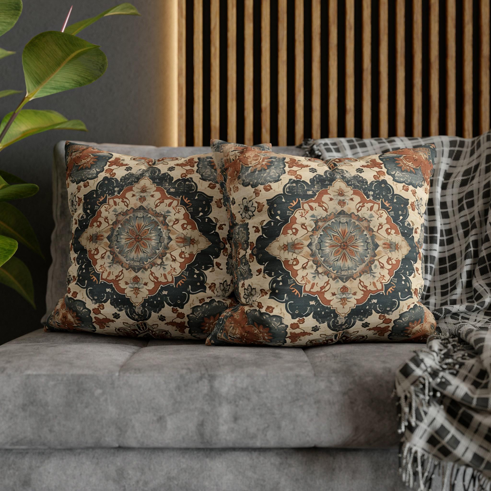 Persian-Inspired Medallion Pillow Cover: Indigo, Terracotta & Cream Vintage Mediterranean Decor