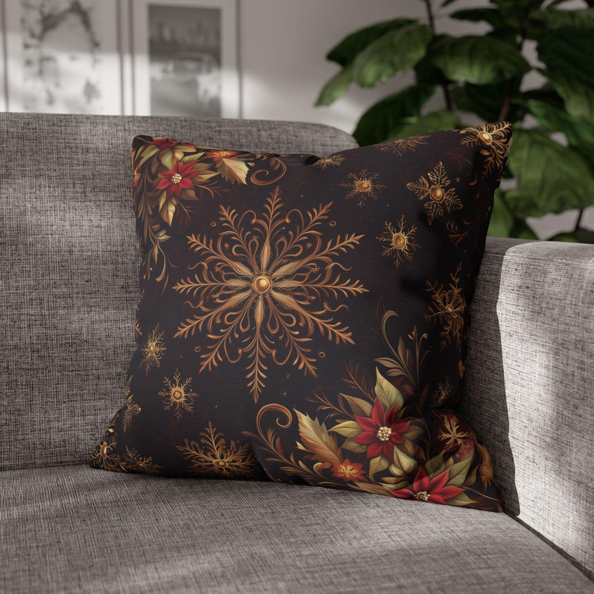 Luxurious Snowflake Poinsettia Pillowcase, Burgundy & Gold Christmas Winter Decor, Elegant Holiday Pillow Cover