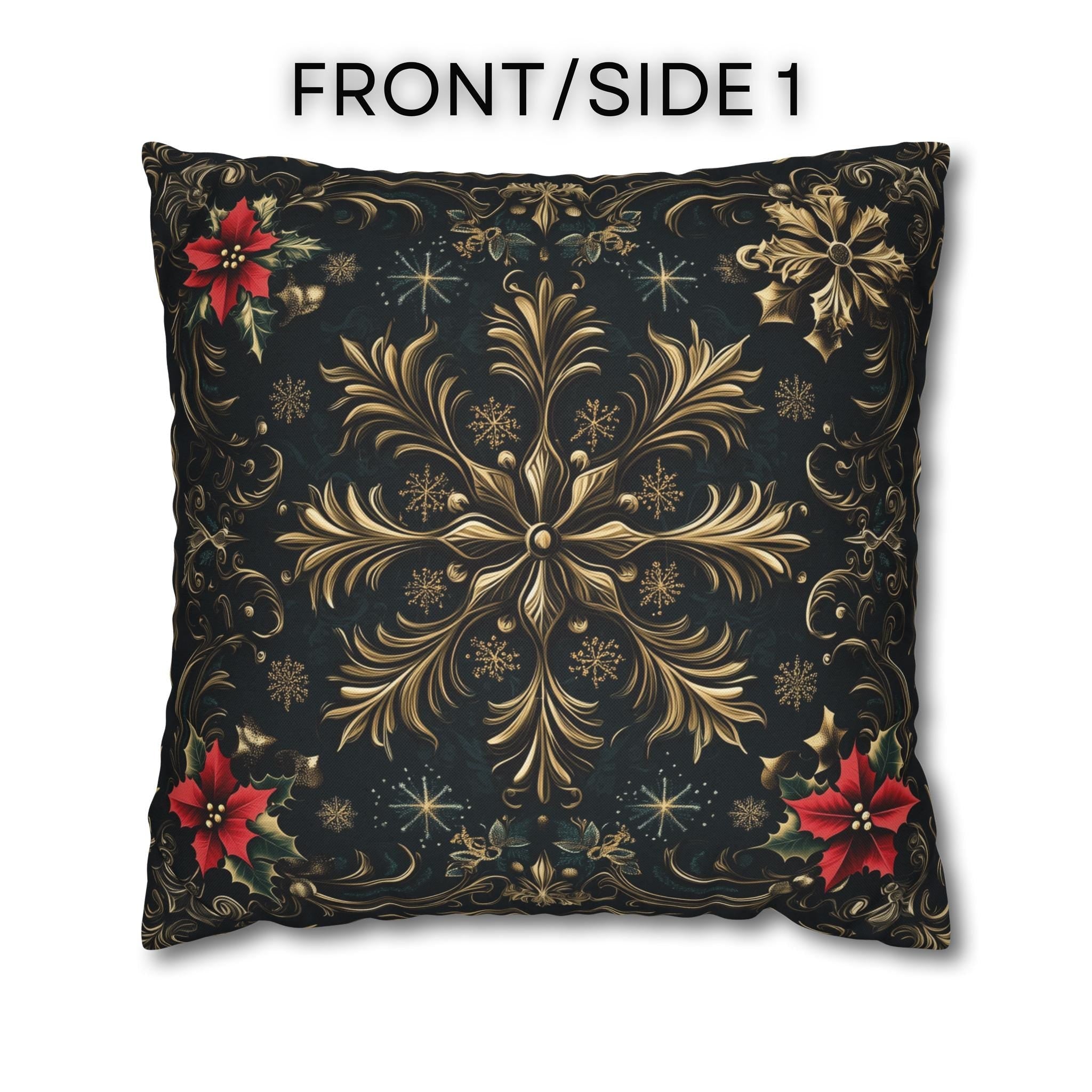 Victorian Christmas Throw Pillow Cover: Gold and Navy Snowflake & Poinsettia Holiday Accent Decor