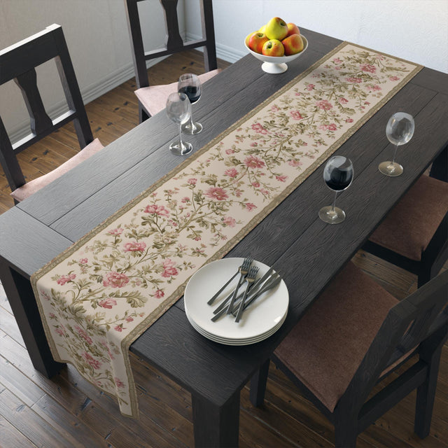 Floral Vintage Style Table Runner: Blush Rose & Sage Green, French Country Decor
