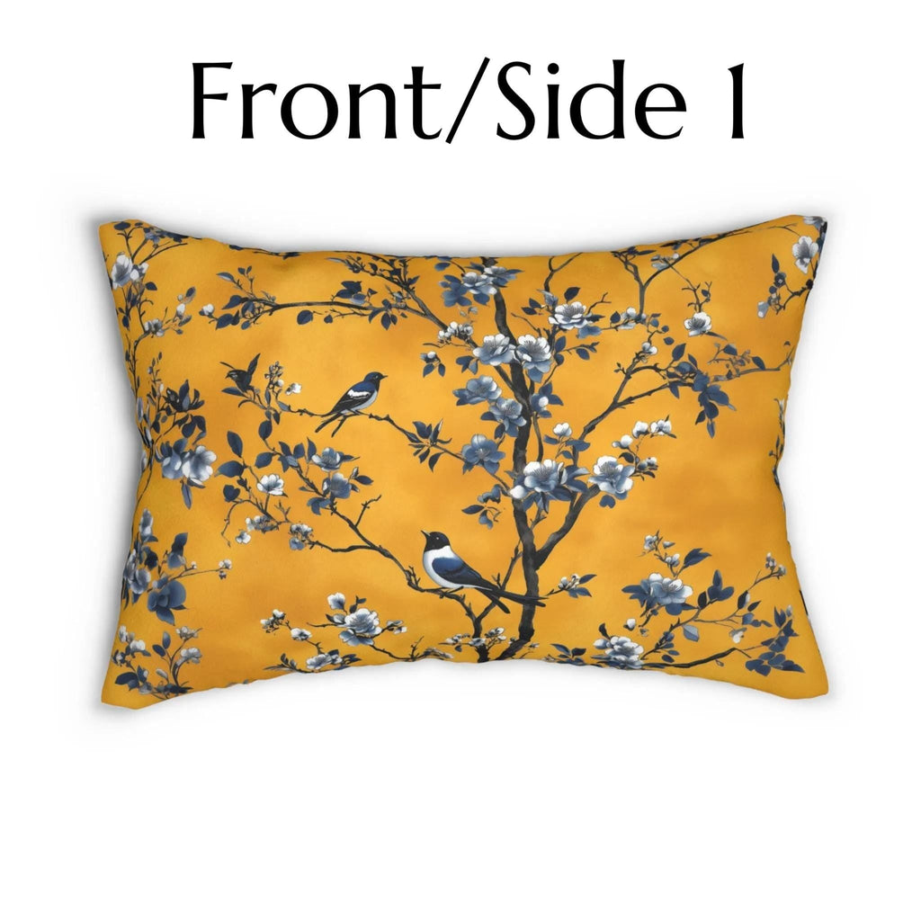 Elegant Chinoiserie Bird Lumbar Pillow: Golden Yellow & Blue Floral Cushion for Eclectic Decor