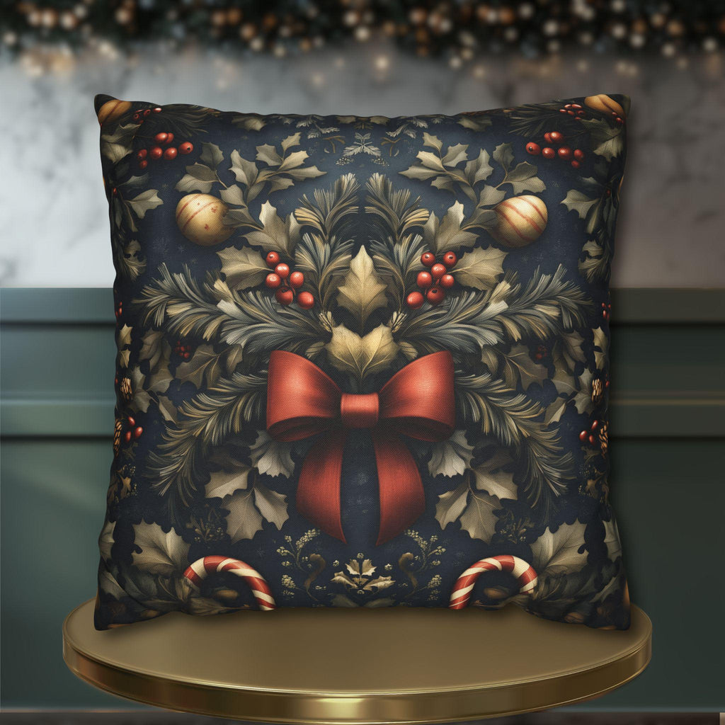 Midnight Holiday Pillow Cover: Morris-Style Christmas Theme in Navy, Gold & Red