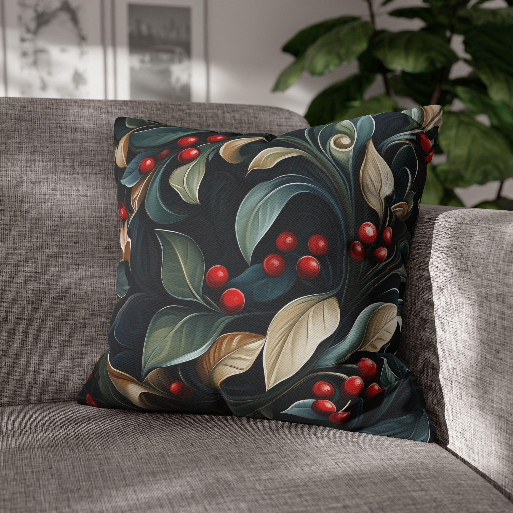 Christmas Botanical Square Pillowcase, Elegant Holly Leaves & Berries Design Cushion Cover