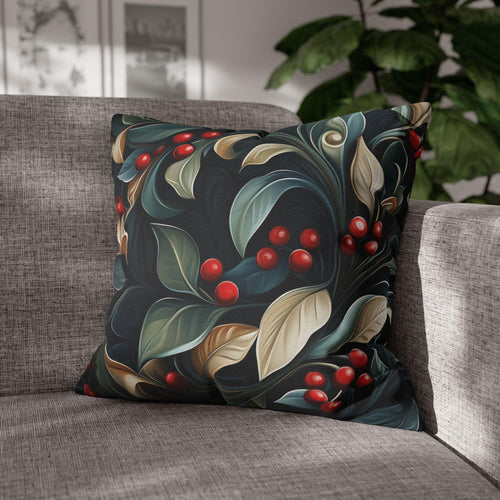 Christmas Botanical Square Pillowcase, Elegant Holly Leaves & Berries Design Cushion Cover