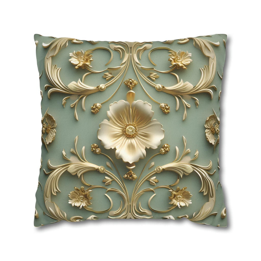 Elegant French Floral 3D Pillow Cover: Teal Blue & Gold Intricate Design for Classical Decor