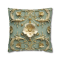 Elegant French Floral 3D Pillow Cover: Teal Blue & Gold Intricate Design for Classical Decor