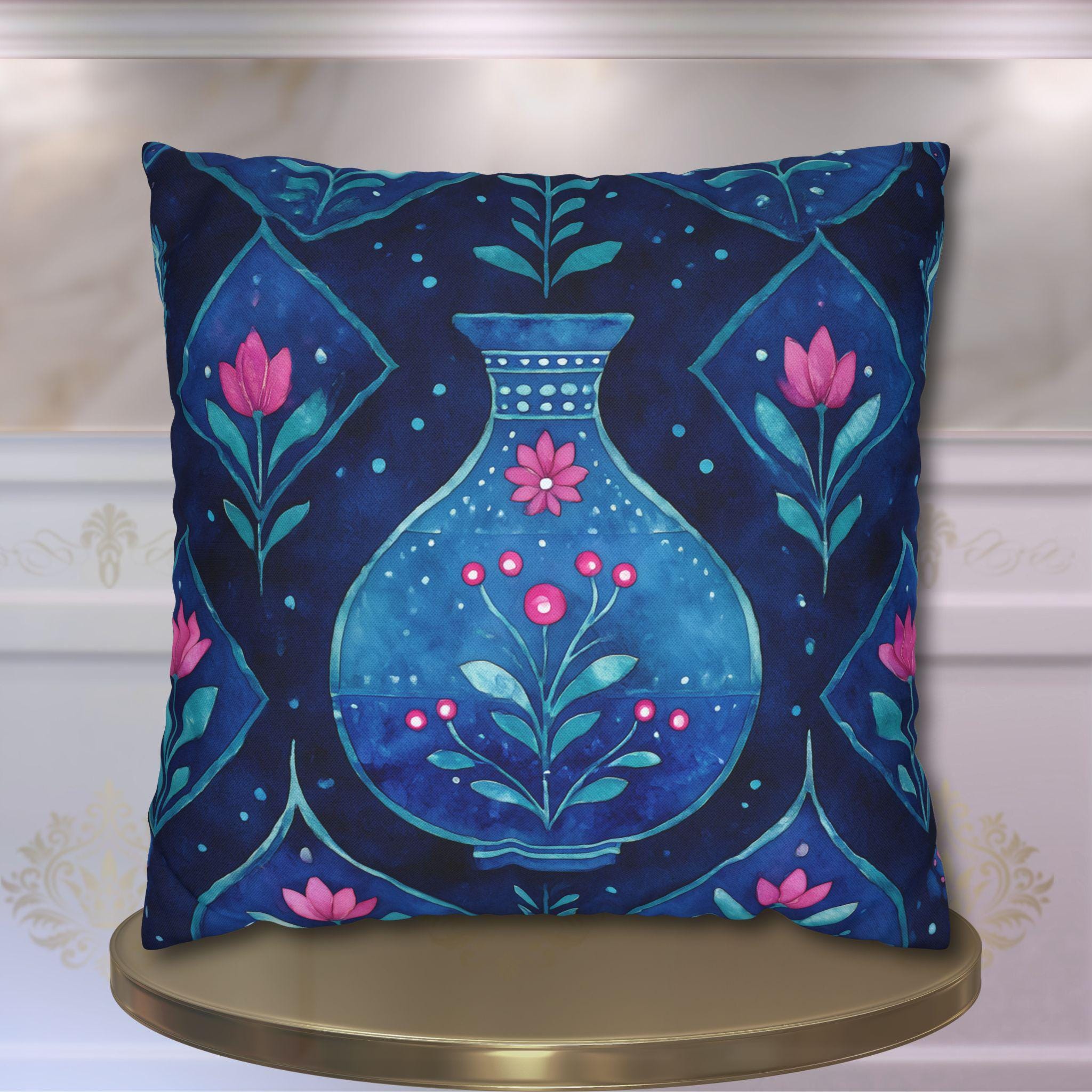 Folk Art Pillow Cover: Blue Vase, Pink Floral Watercolor Design