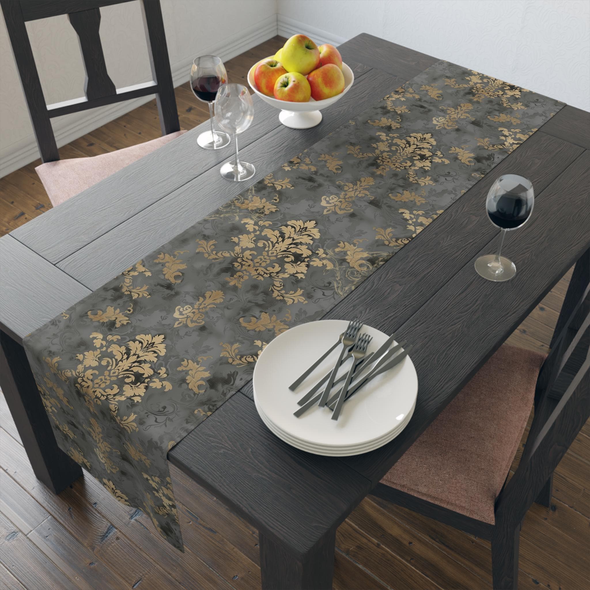 Elegant Damask Table Runner: Muted Gold Floral on Grey for Sophisticated Dining Room Decor