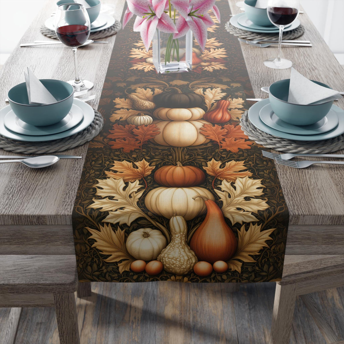 William Morris Pumpkin Patch Table Runner: Cream, Orange, Brown Fall Dining Decor