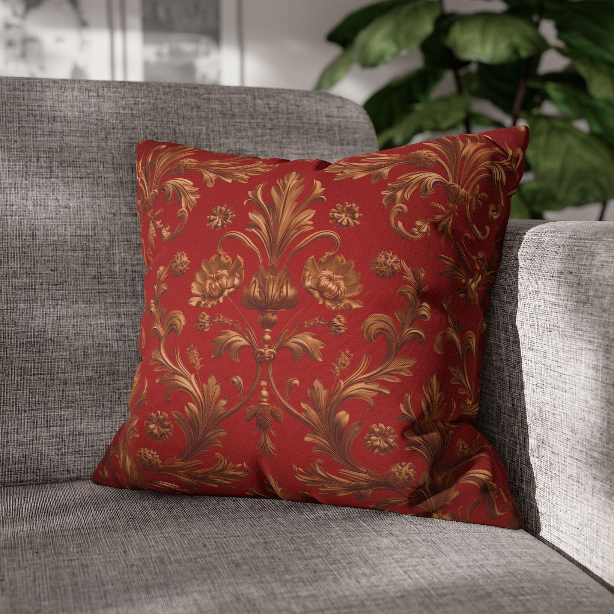 Baroque Floral Christmas Pillowcase: Rich Red, Antique Gold Spun Polyester Square Throw Pillow Cover