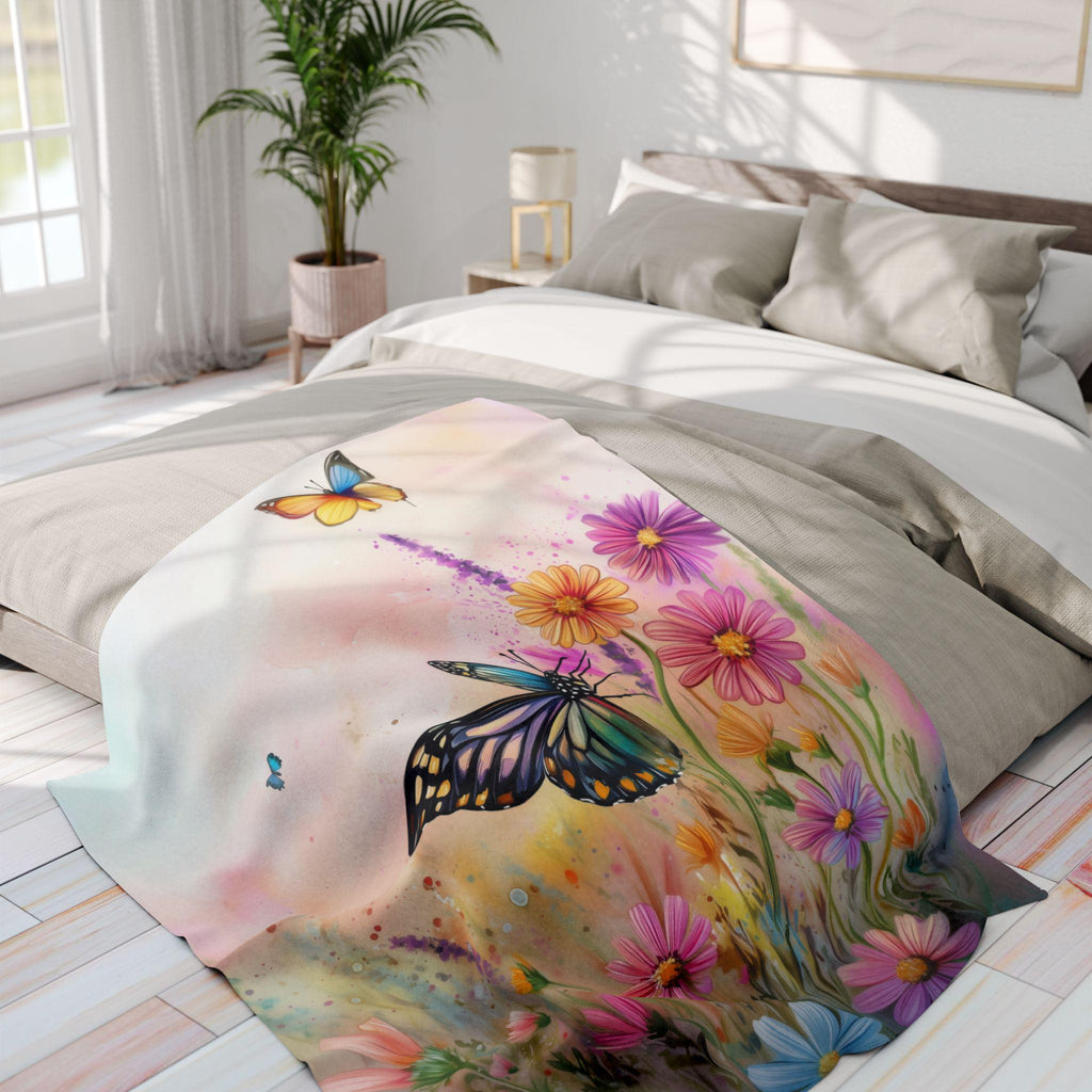 Butterfly Throw Blanket Pastel Wildflowers Spring Nature Art Cozy Couch or Bed Accent