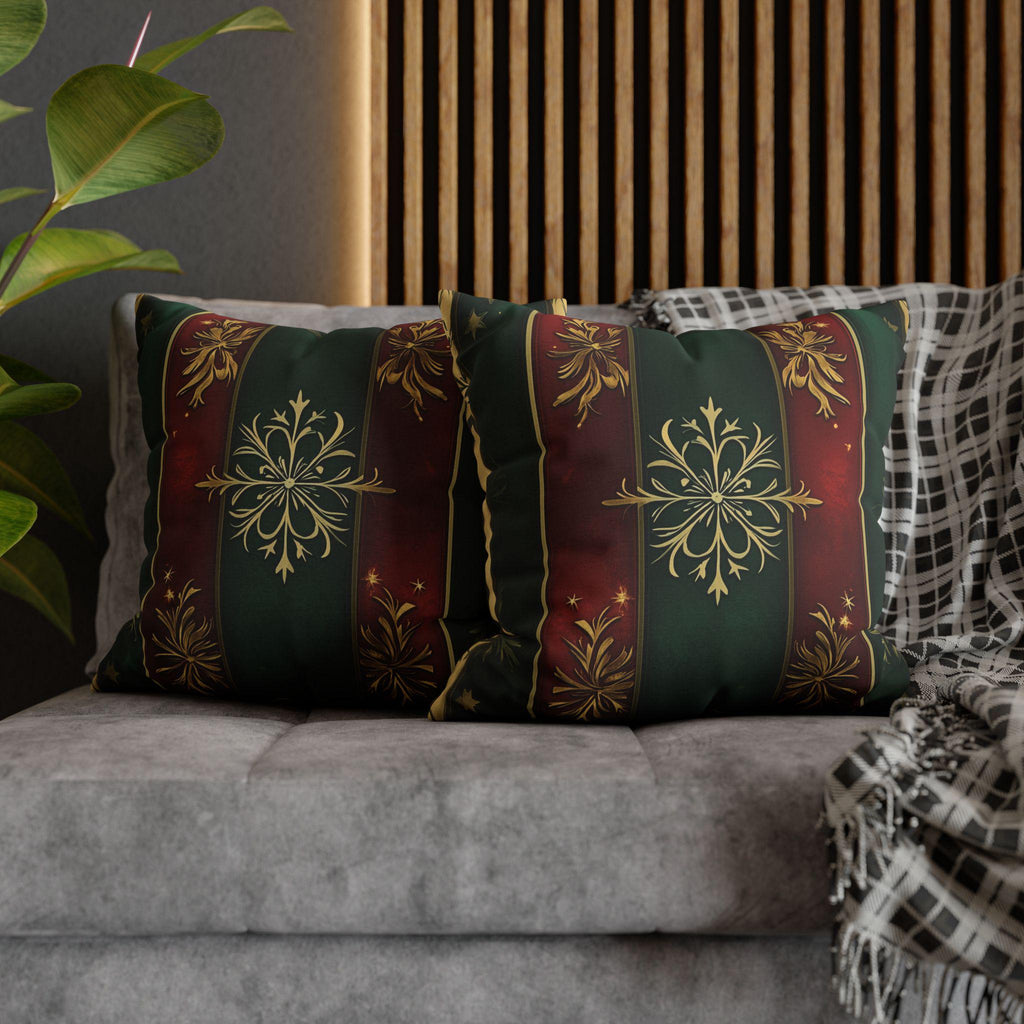 Red and Green Striped Holiday Pillow Cover: Gold Floral Accent
