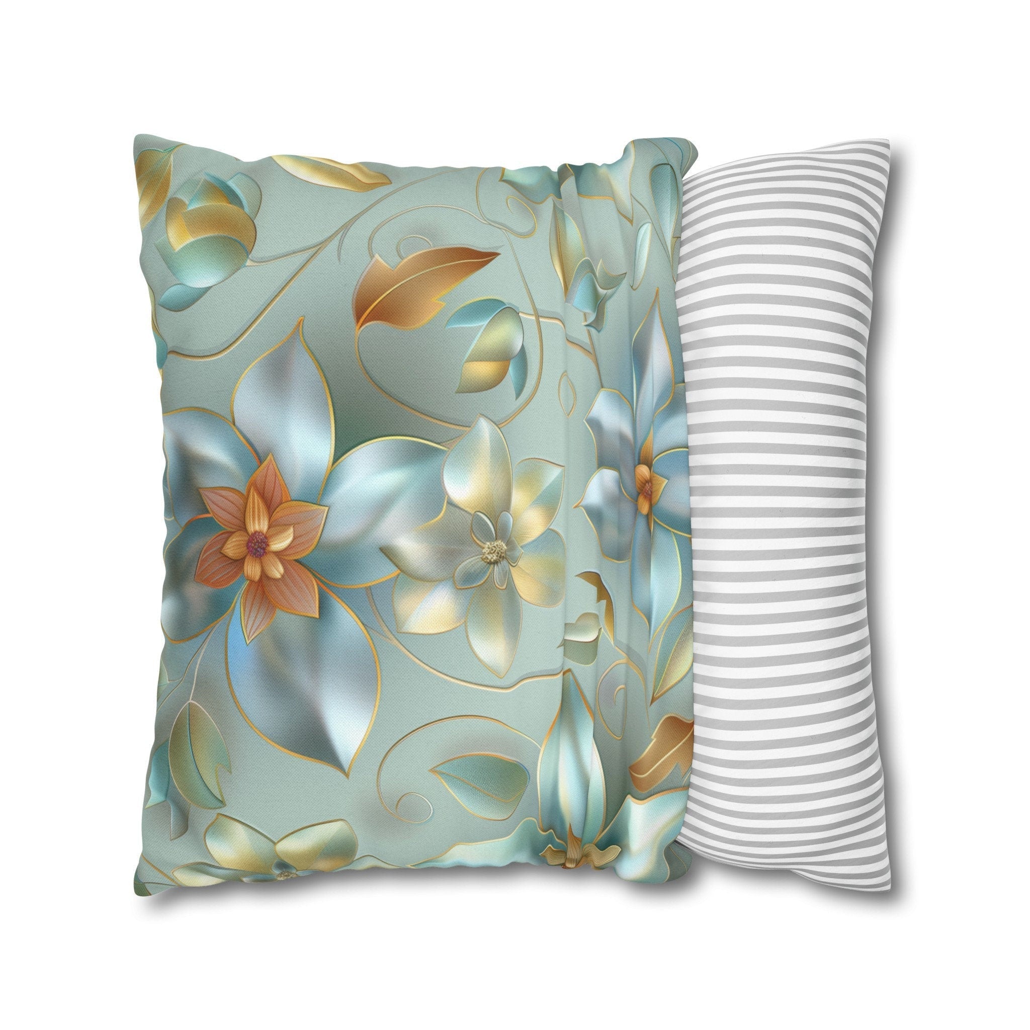 Floral Pillow Cover: Muted Teal Blue, Gold Magnolia Design