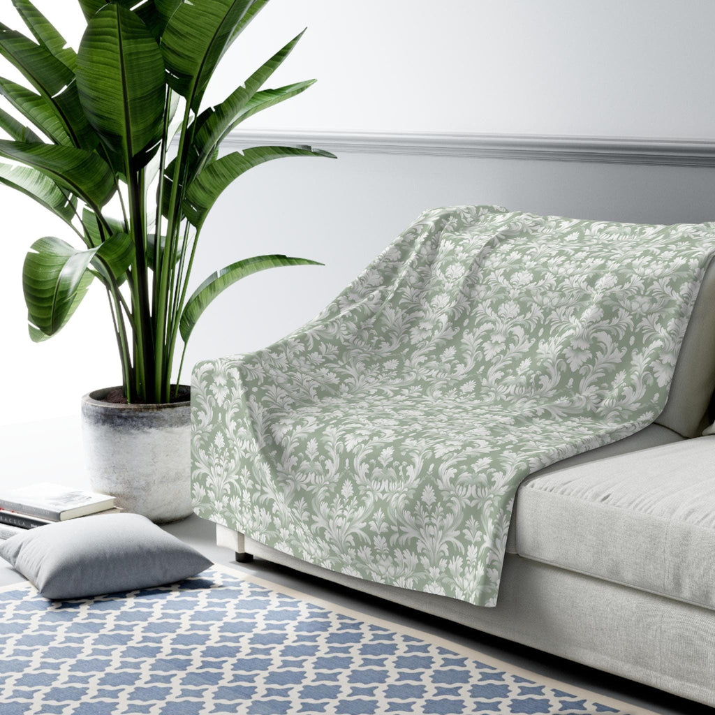 Damask Pattern Pastel Green Fleece Blanket, Vintage Style Throw Blanket for Living Room Bedroom