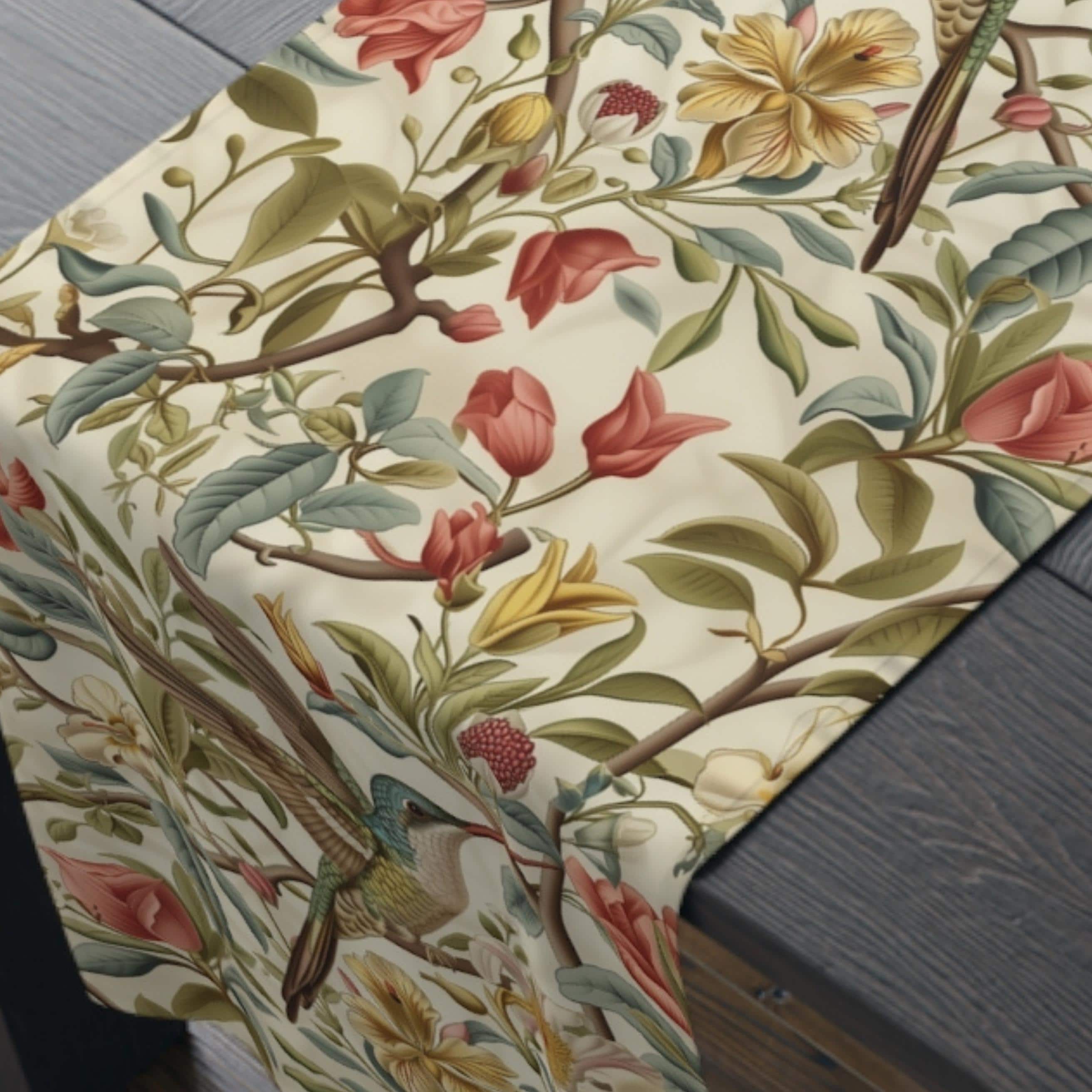 Elegant William Morris Hummingbird Floral Table Runner: Vintage Botanical Decor