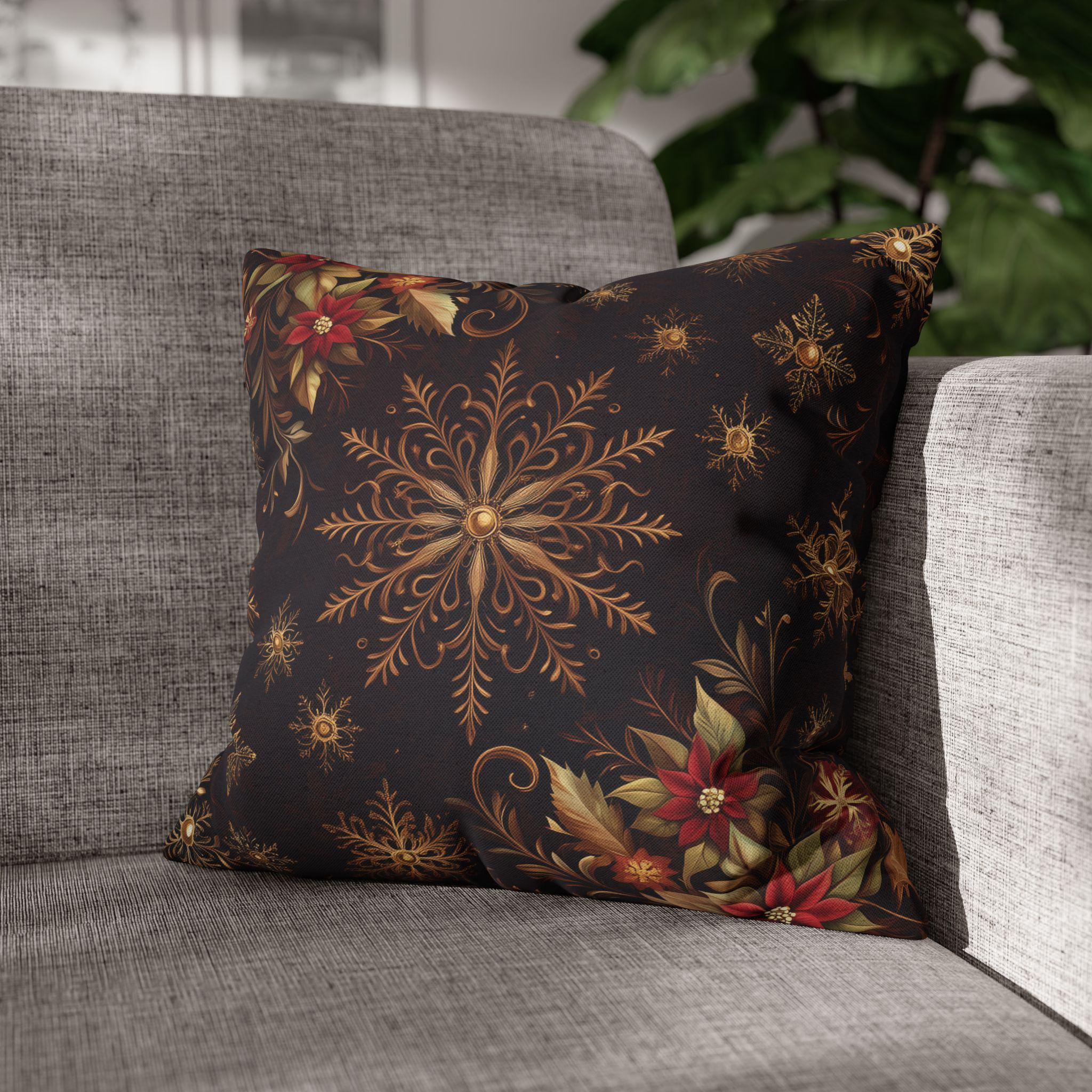 Luxurious Snowflake Poinsettia Pillowcase, Burgundy & Gold Christmas Winter Decor, Elegant Holiday Pillow Cover