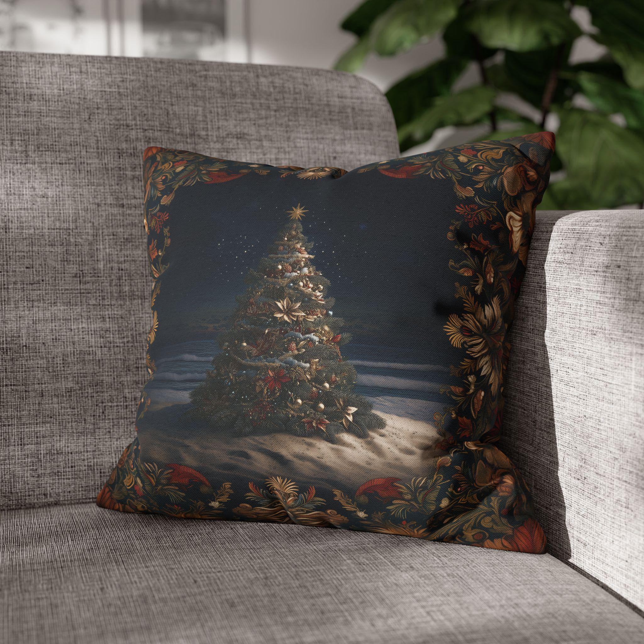 Coastal Christmas Pillow Cover: Tropical William Morris Tree, Red Gold Blue