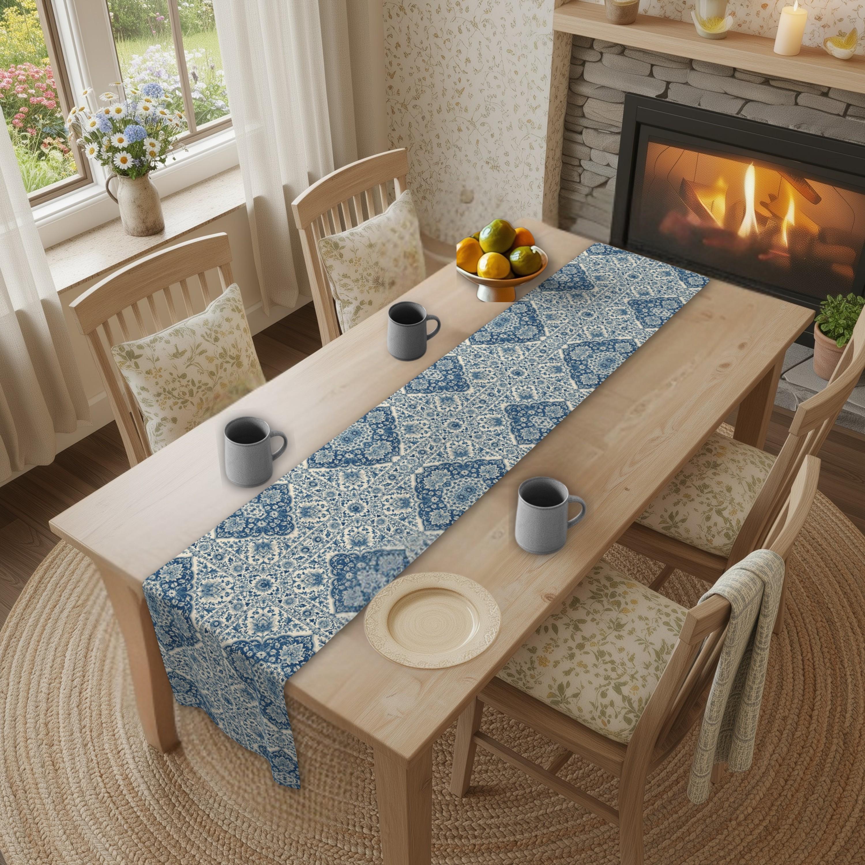 Toile Table Runner: Blue and Cream Botanical Dining Decor