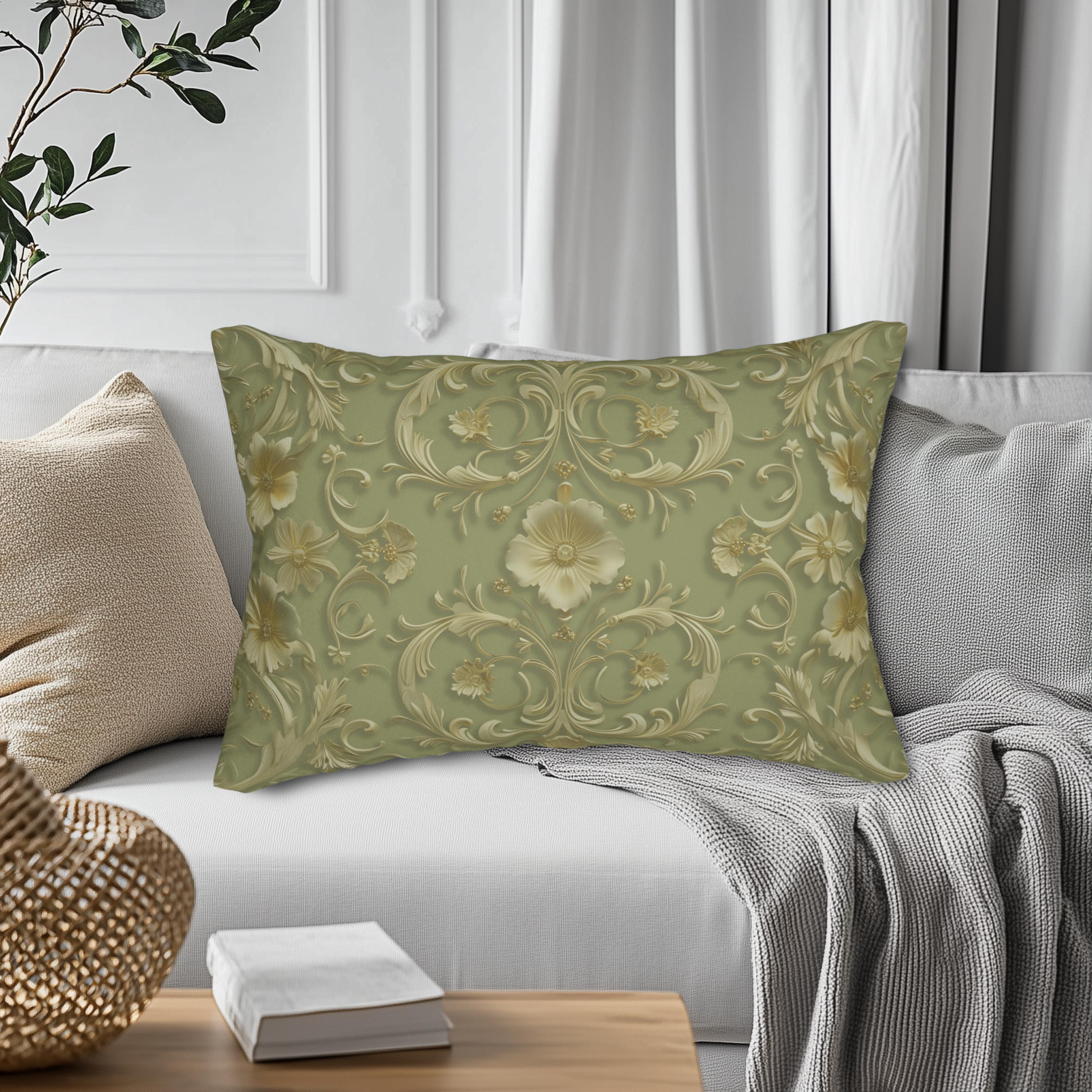 Elegant French Floral Lumbar Pillow - Sage Green with Pale Gold Intricate Design