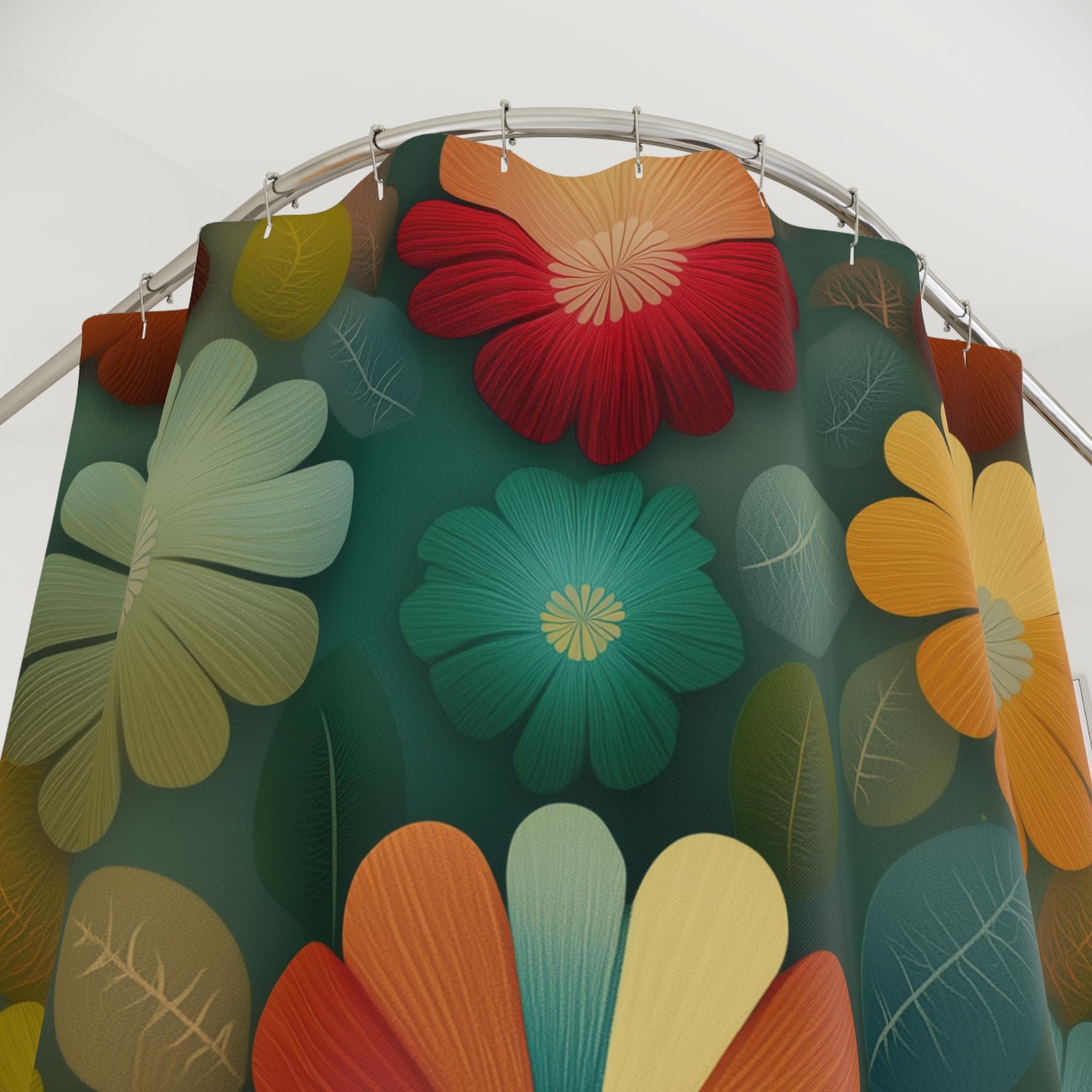 Retro Botanical Shower Curtain: Boho Floral Fabric in Teal, Mustard, and Terracotta