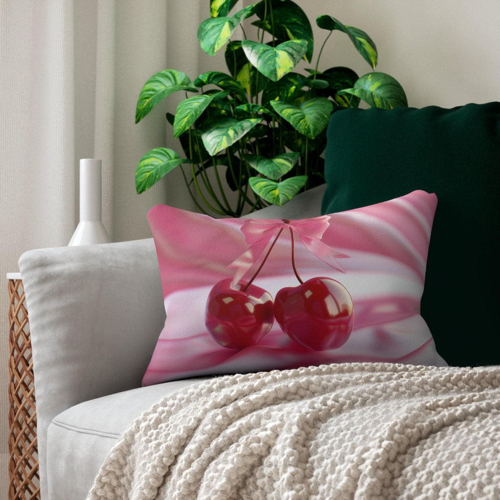 Coquette Lumbar Pillow: Pink Cherries and Bow Cushion