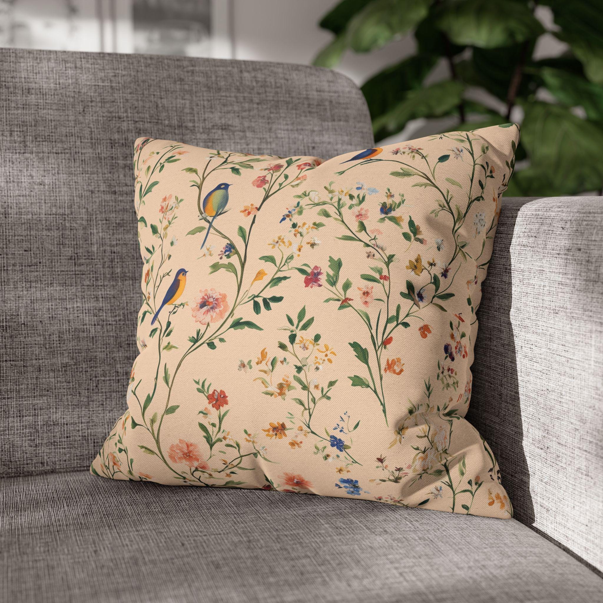 Chinoiserie Bird Pillow Cover: Vintage Style Peach Floral Cushion