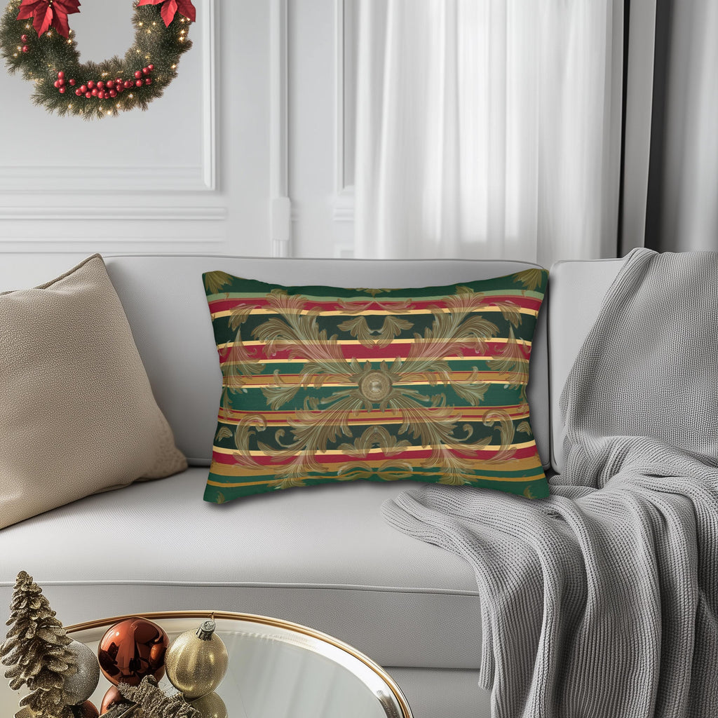 Gold Damask Christmas Lumbar Pillow: Emerald Tartan Bands and Medallion Accent